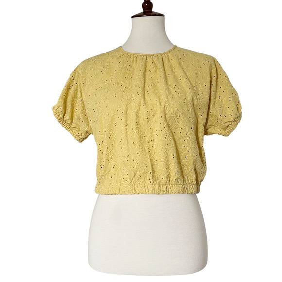 Madewell Eyelet Crop Top Puff Sleeve Yellow Tie Back Casual Blouse Size‎ S - Picture 4 of 10